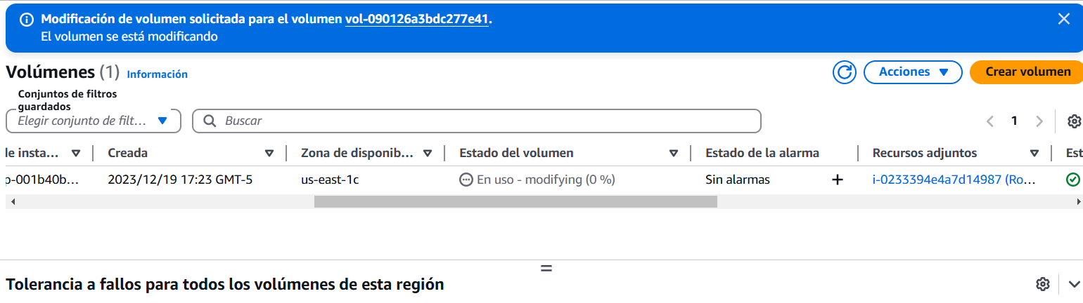 Estado de modificación de volumen en EBC AWS