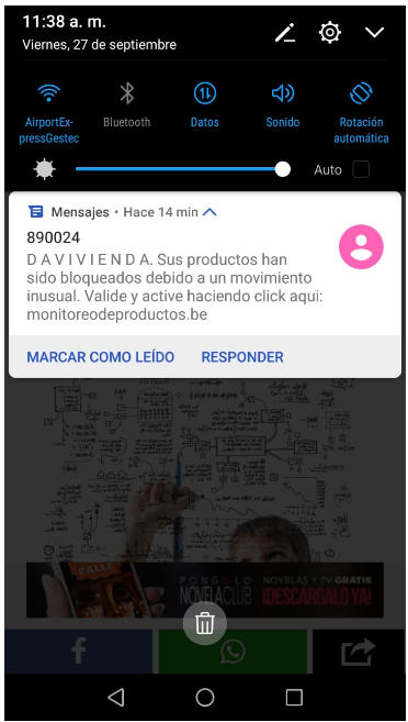 menssaje falso. ejemplo phishing sobre davivienda